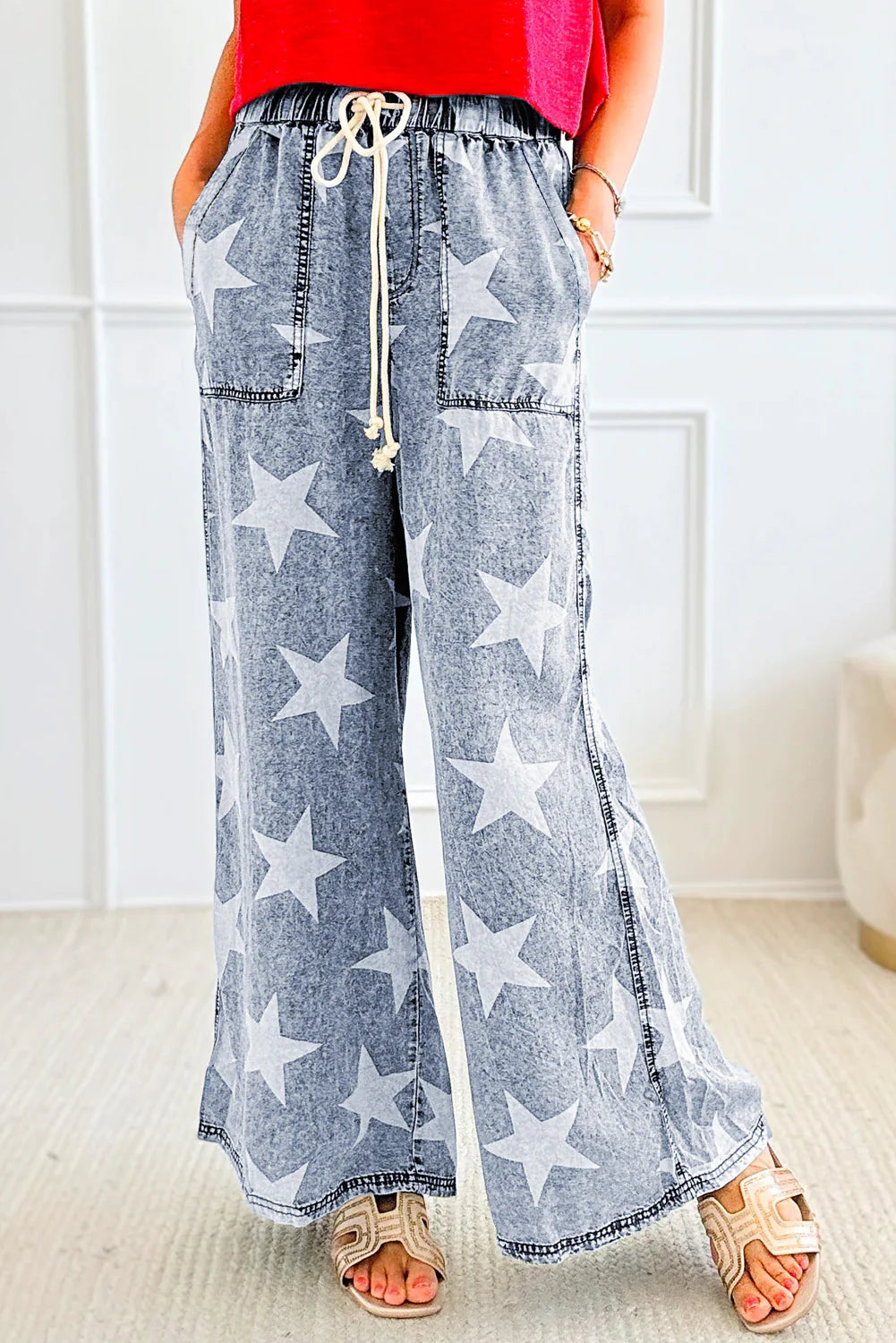 Skylar Light Blue Star Print Light Wash Drawstring High Waist Wide Leg Jeans