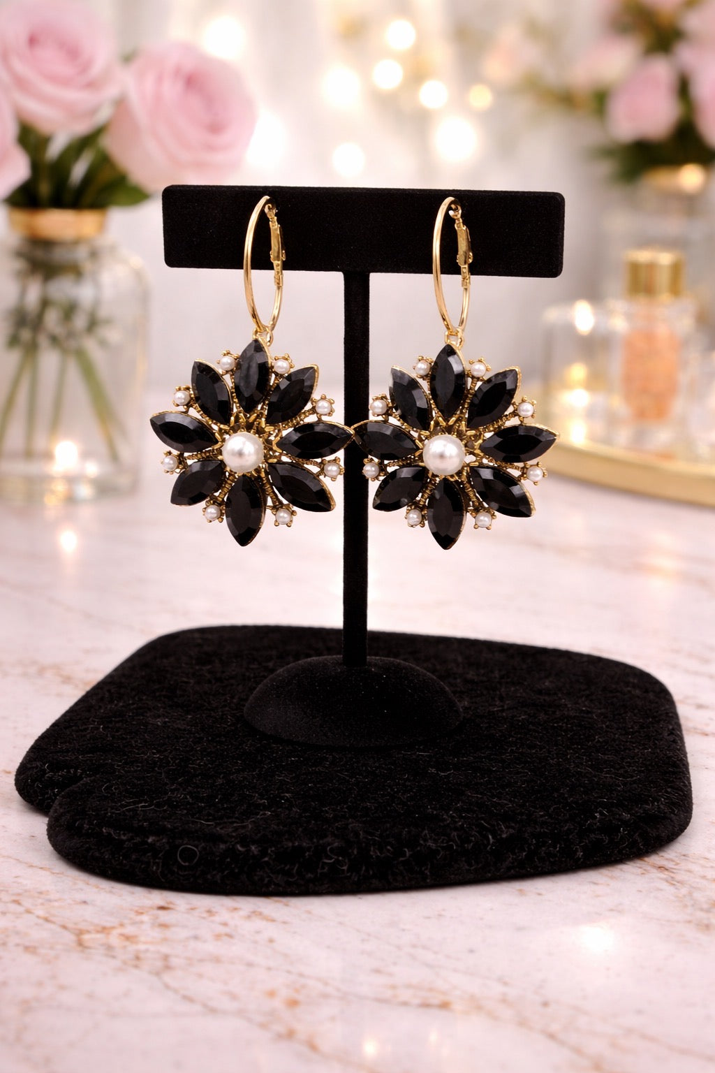 Jet Black Pearl Flower Earrings