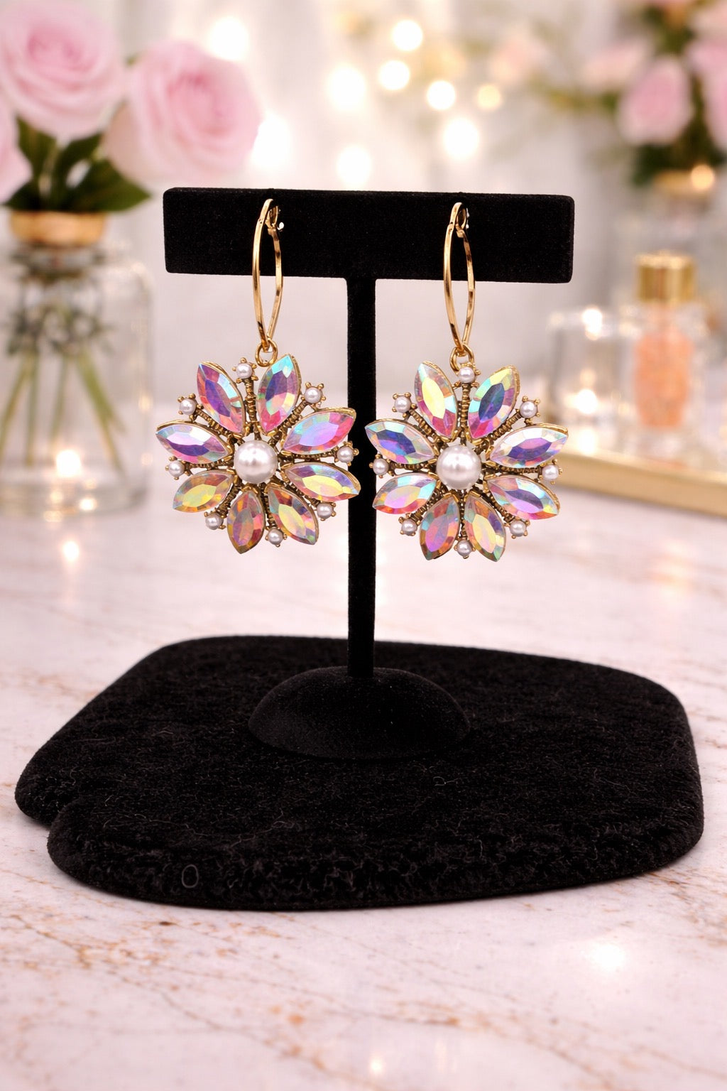 AB Stone Pearl Flower Earrings