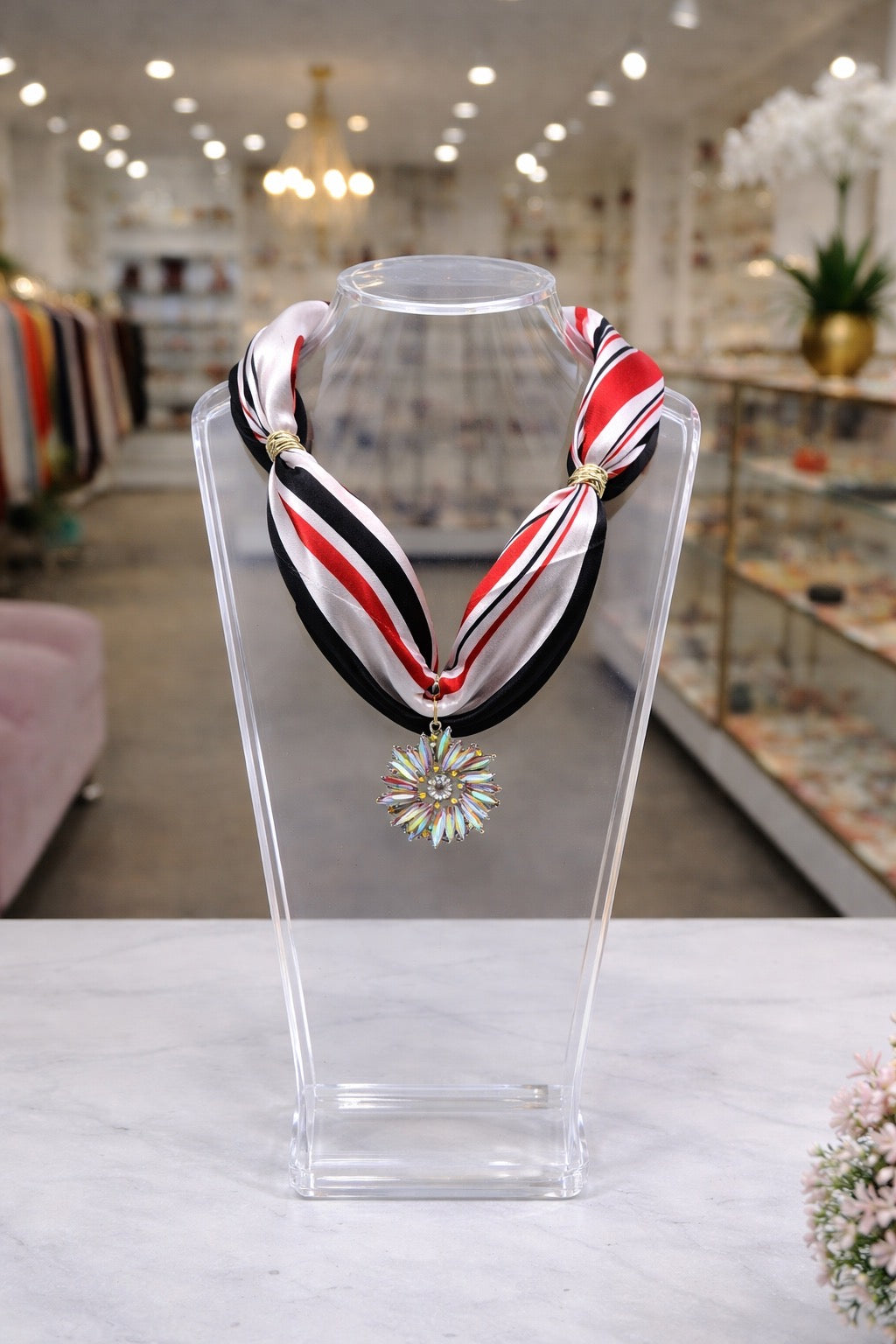 Black and Red Twilly with AB Flower Pendant Necklace