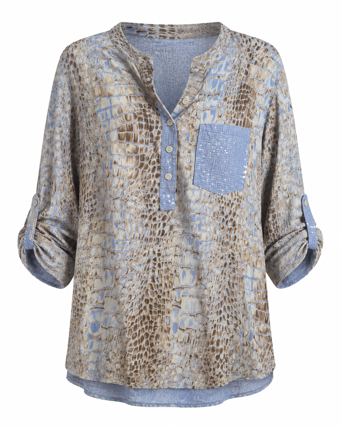Paloma Printed One Pocket Sequin Top Light Blue Snake