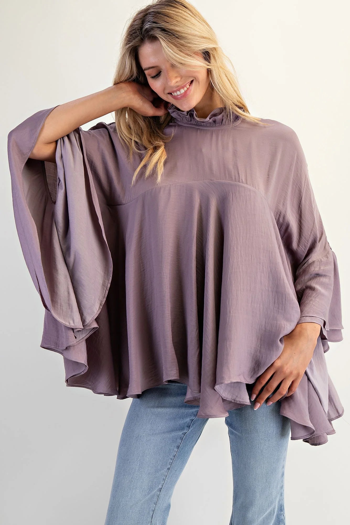 Noelle Dolaman Sleeve Satin Swing Top Purple Taupe