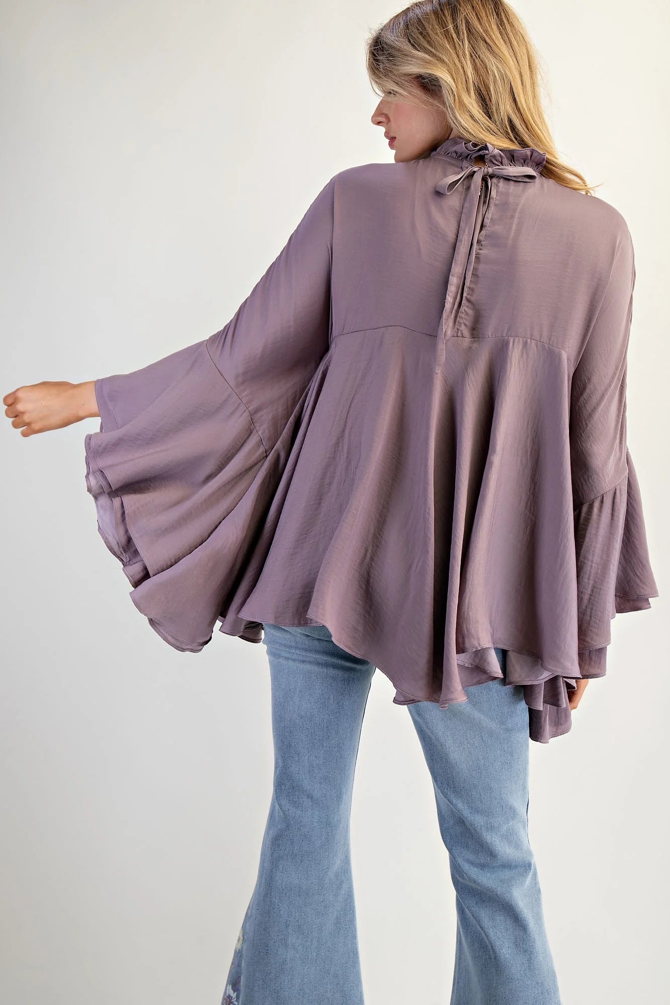 Noelle Dolaman Sleeve Satin Swing Top Purple Taupe