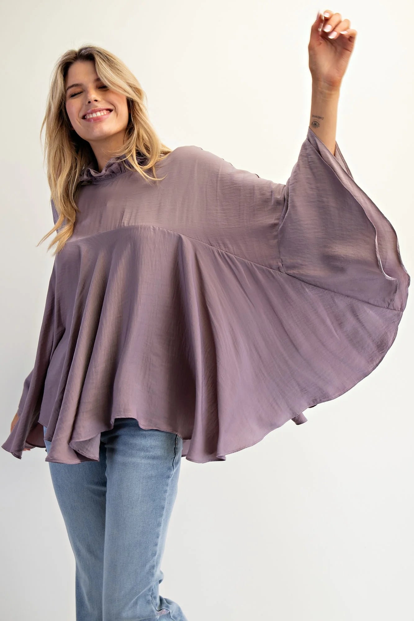 Noelle Dolaman Sleeve Satin Swing Top Purple Taupe