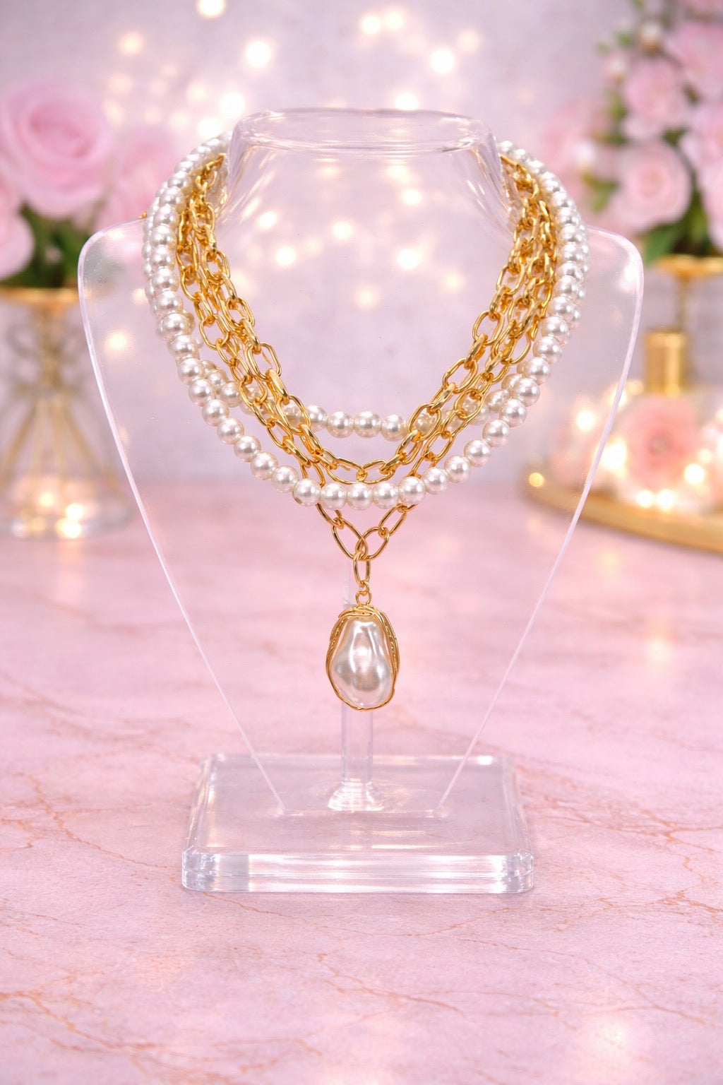 Pearl and Gold Multi Strand Necklace