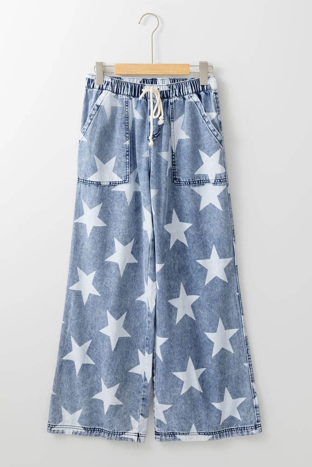 Skylar Light Blue Star Print Light Wash Drawstring High Waist Wide Leg Jeans