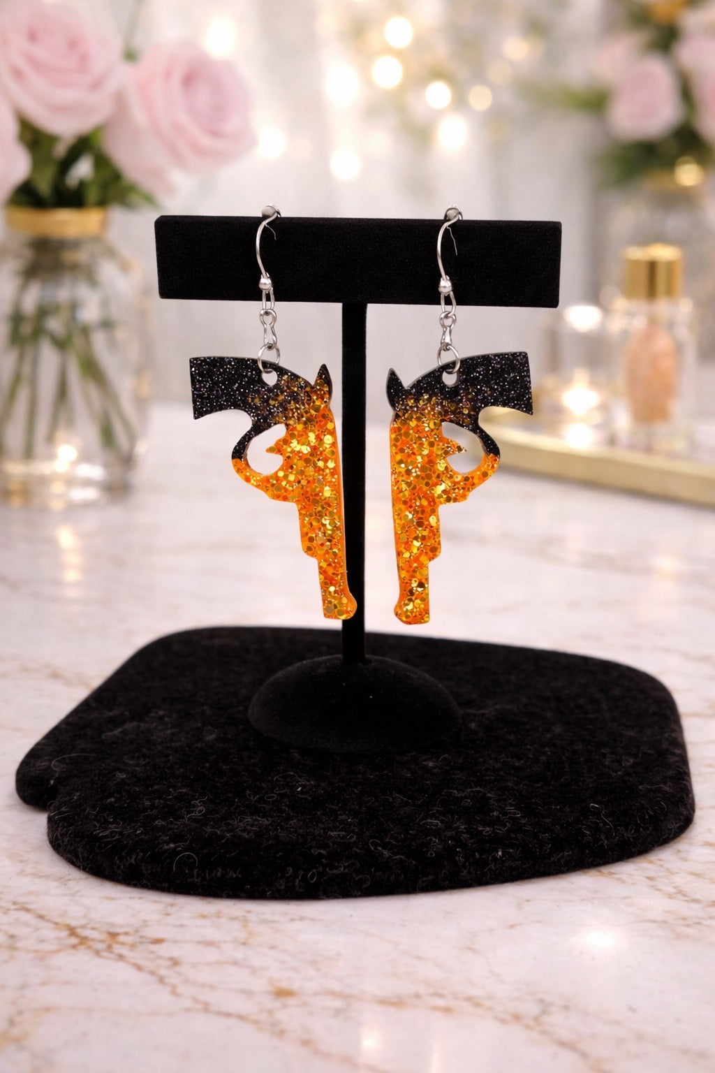 Black and Orange Sparkle Earrings