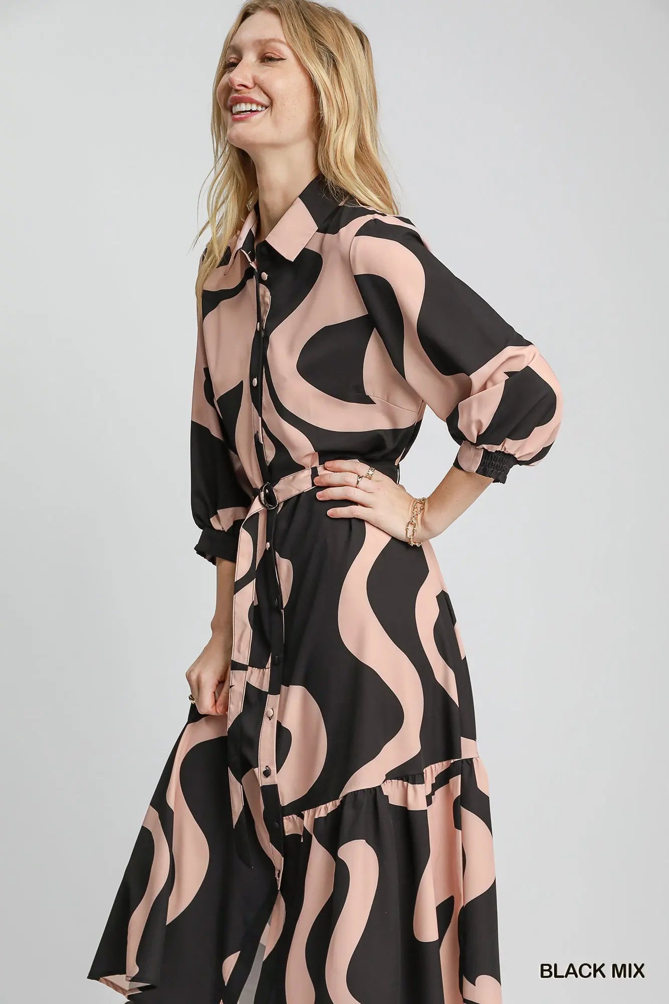 Kayla Button Down Midi Dress Black Mix