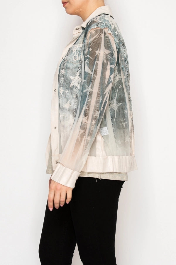 Celeste Faux Suede Mesh Trimmed Blue Star Jacket