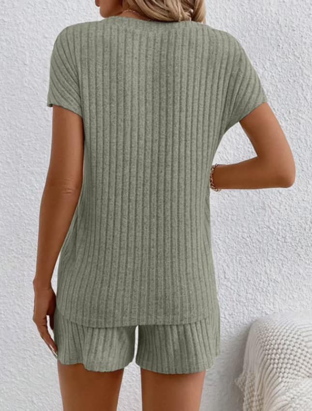 Ribbed V-Neck Top and Shorts Set Sage
