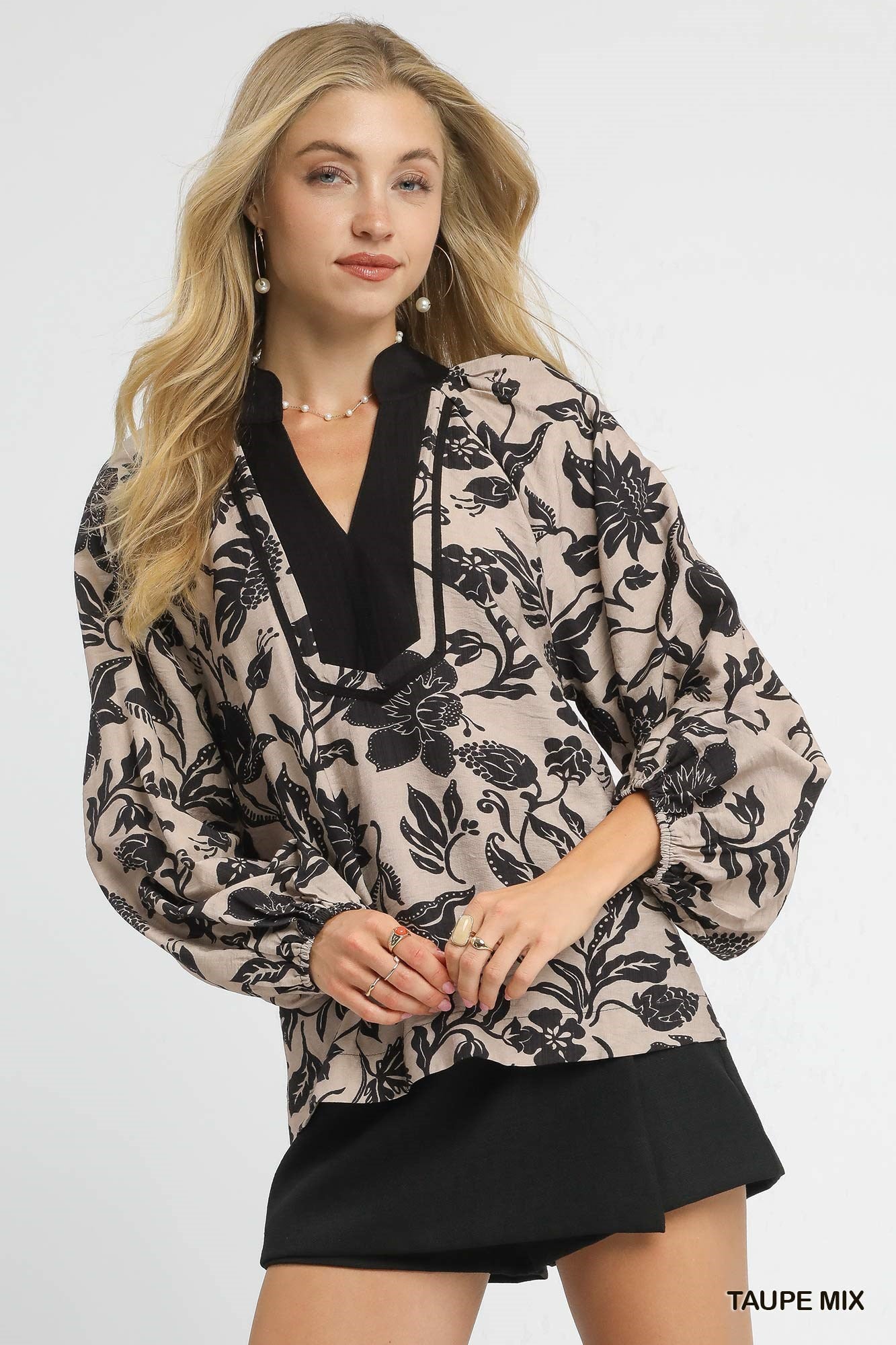 Esme Two Tone Floral Print Top Taupe Mix