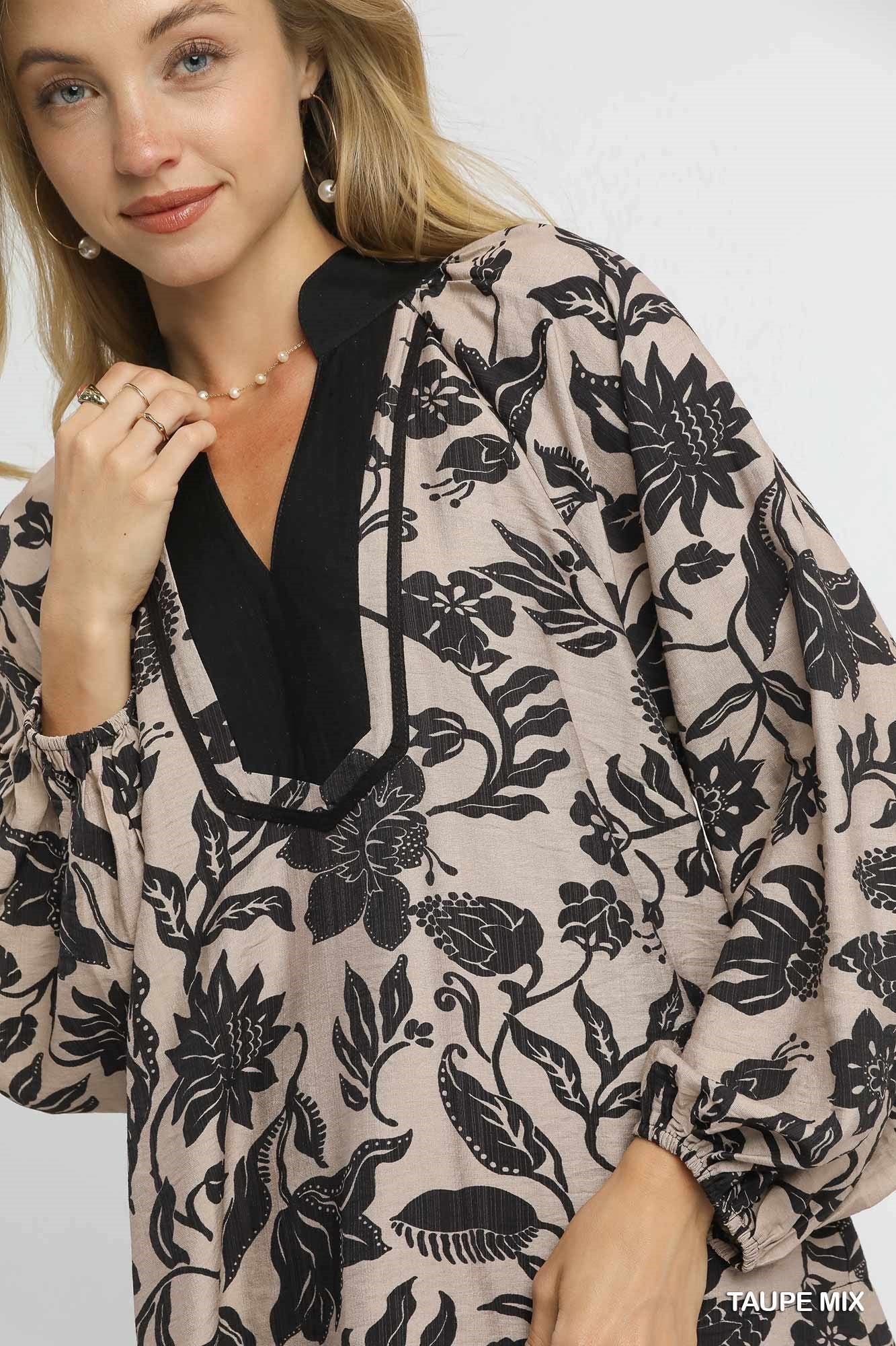 Esme Two Tone Floral Print Top Taupe Mix