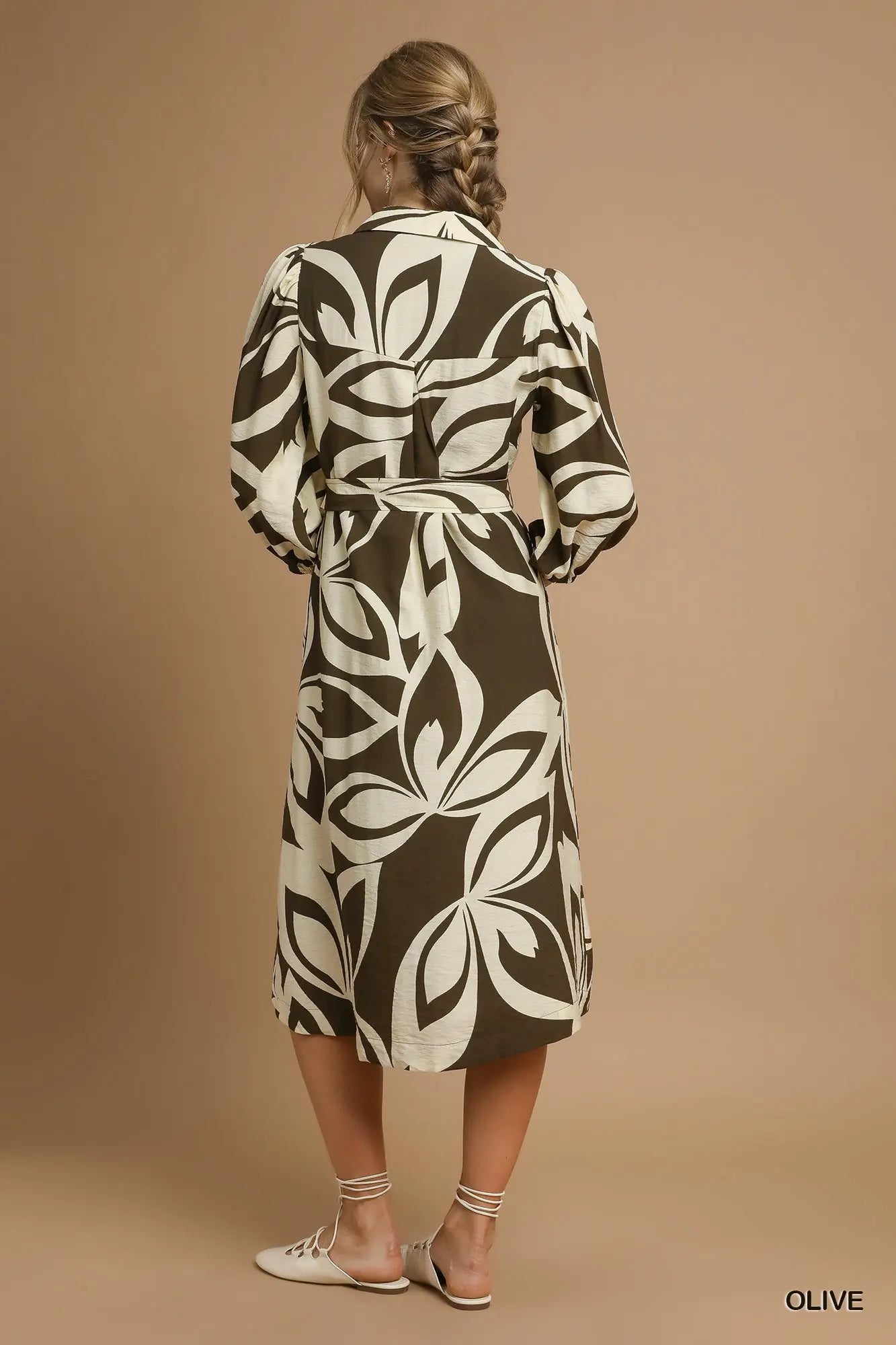 Brielle Two Tone Abstract Print Shirt Dress Olive