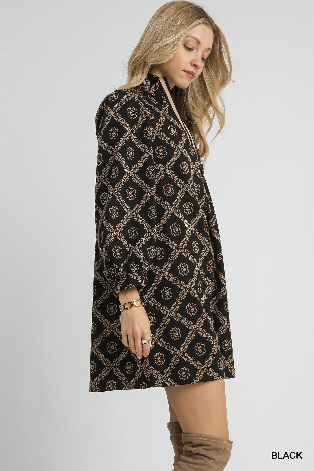 Wren Geometric Print Long Sleeve Mini Dress Black