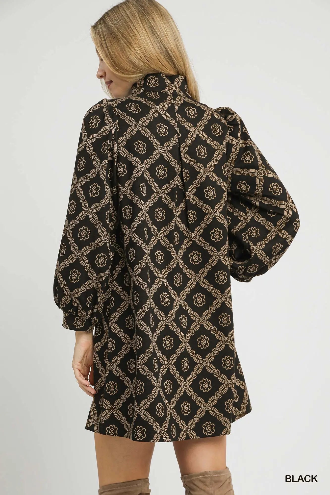 Wren Geometric Print Long Sleeve Mini Dress Black