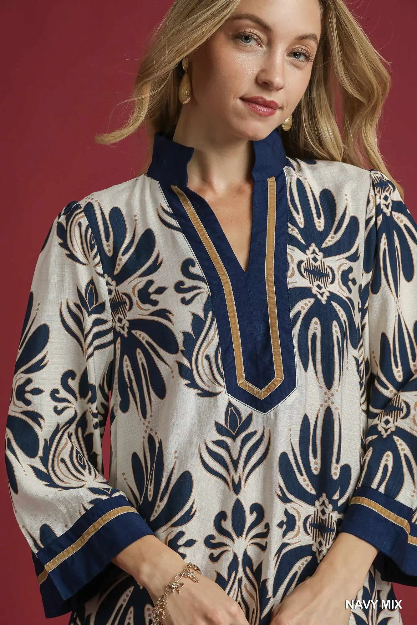 Brooke baroque floral tunic top with gold trim navy mix