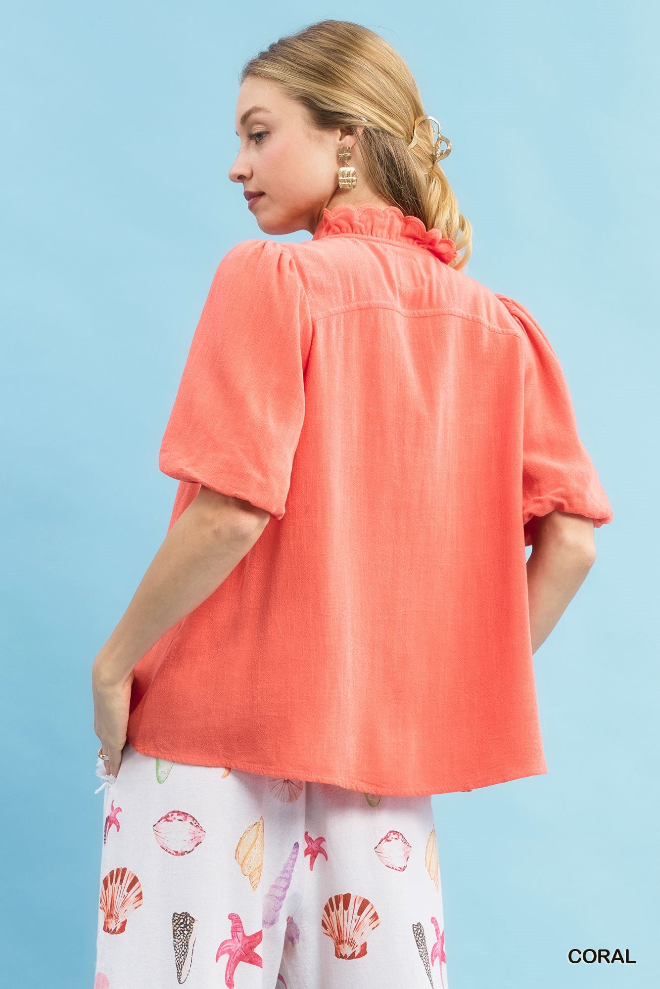 Maris Linen Scallop Trim V-Neck Top Coral