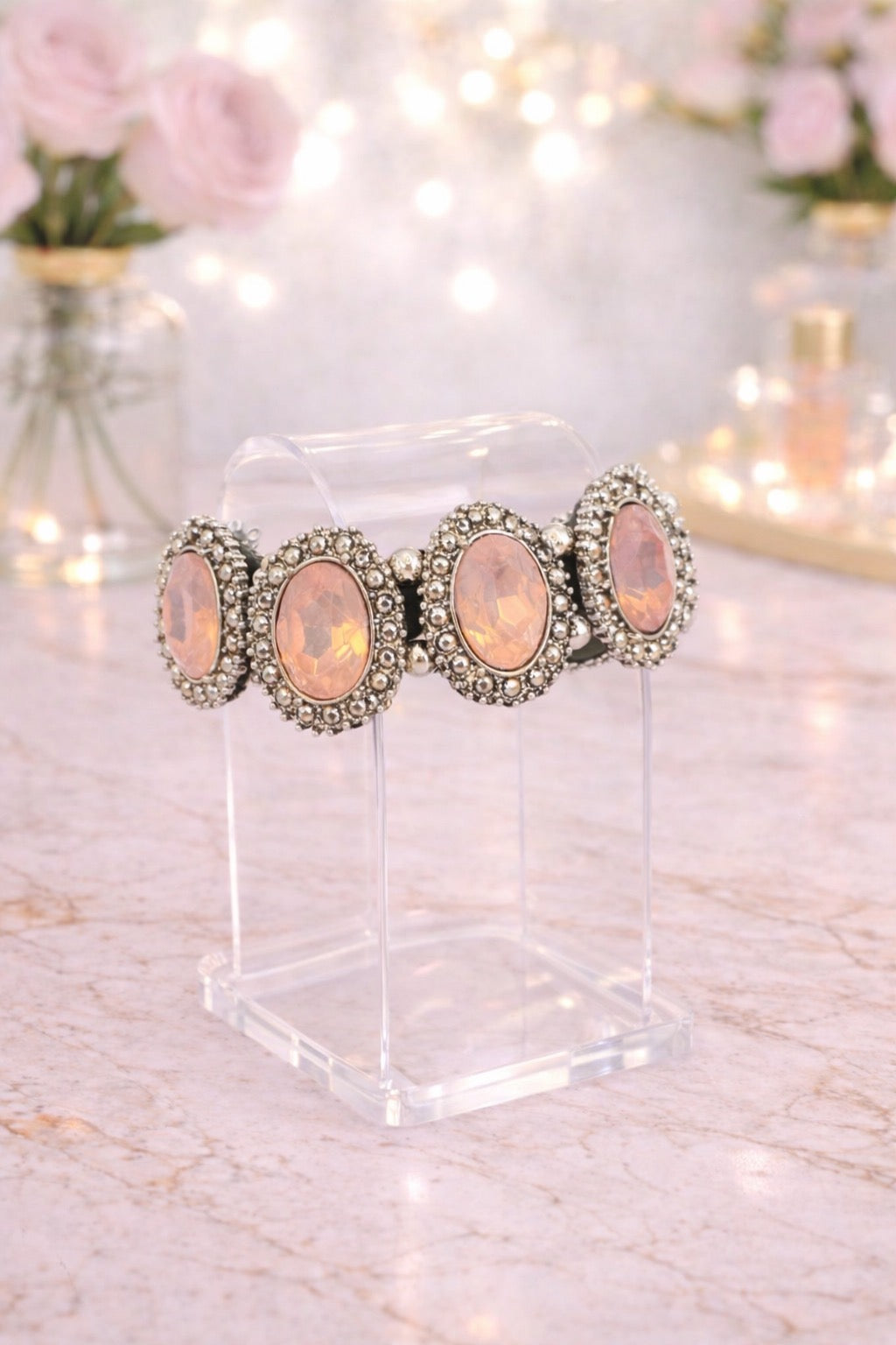 Large Pink Oval Silver Bracelet