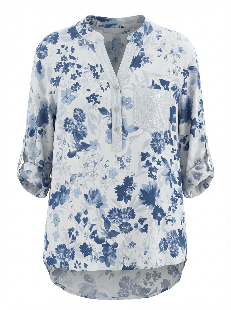 Paloma Printed One Pocket Sequin Top White w/Blue Flowers