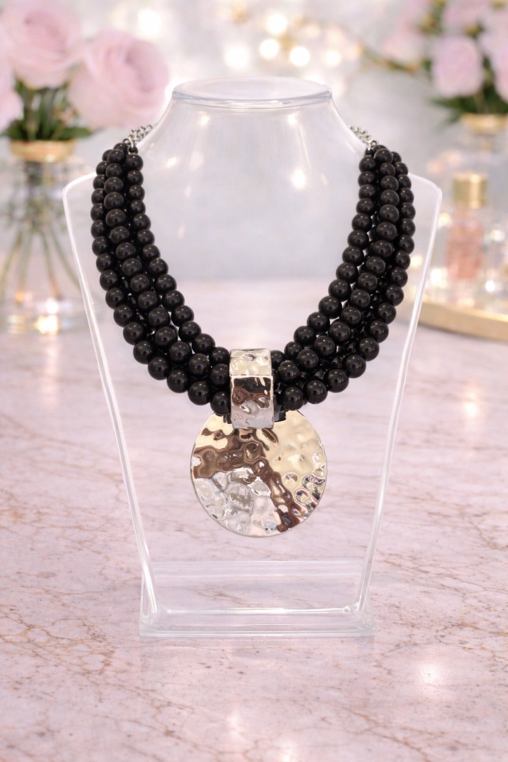 Black Multi Strand Necklace with Hammered Pendant