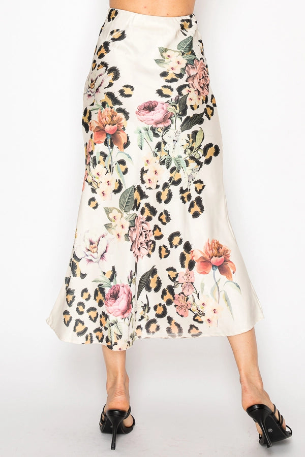 Bianca Silky Satin Midi Skirt Leopard Floral