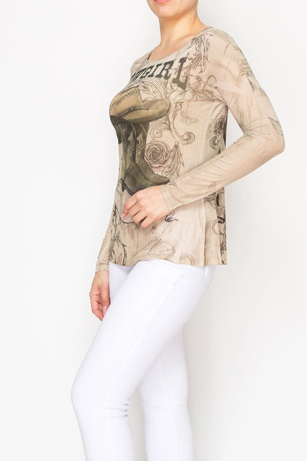 Sadie Long Sleeve Mesh Top with Sparkles Cowgirl