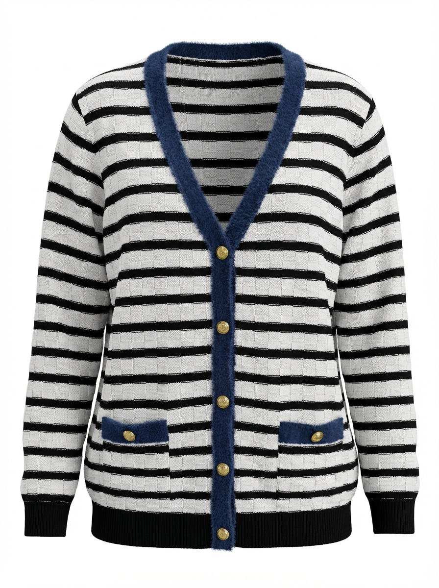 Lexie V-Neck Stripe/Denim Sweater Ivory/Black