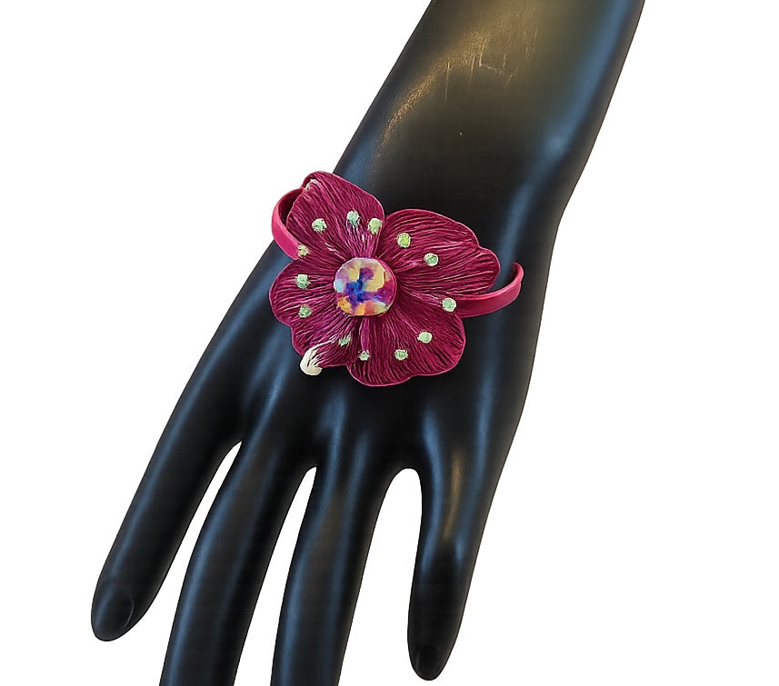 Flower with AB Stone Pink Cuff Bracelet