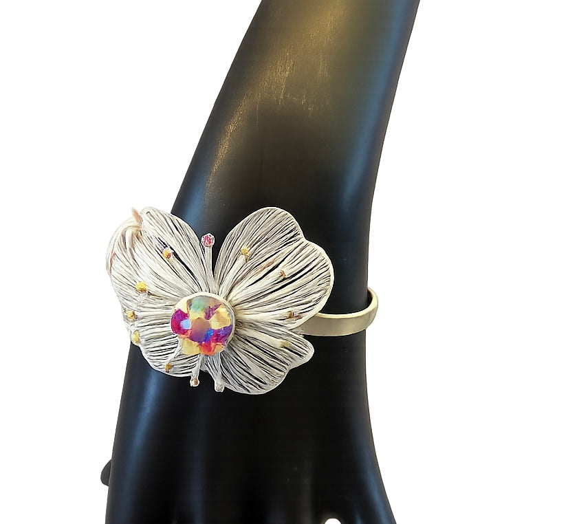 Flower with AB Stone White Cuff Bracelet