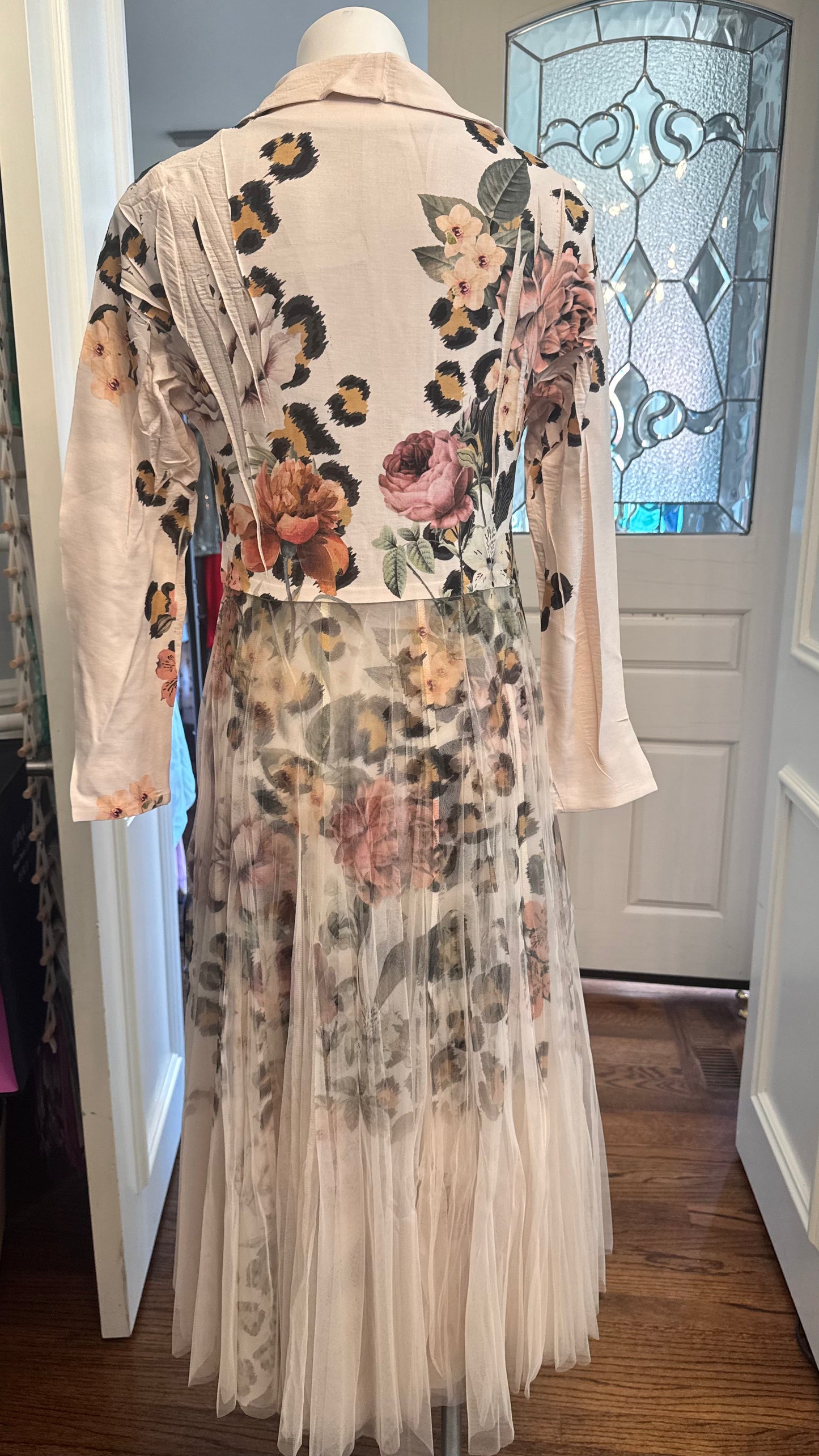 Isabella Cardigan Blazer with Mesh Tulle Panel Leopard Floral