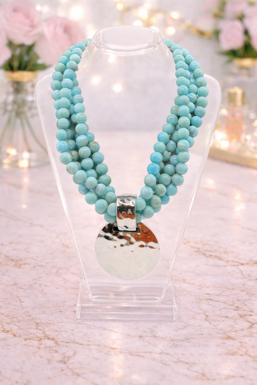 Turquoise Blue Multi Strand Pendant Necklace