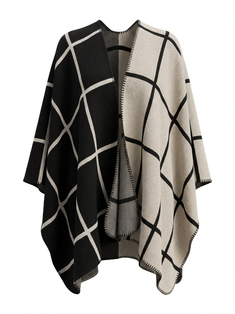 A65 Black Grey Dual-Tone Check Printed Cozy Reversible Ruana