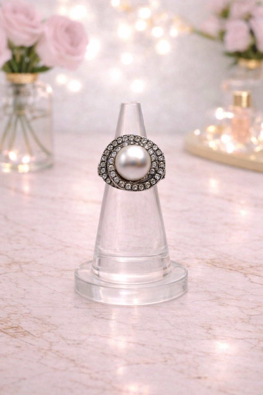 Crystal Pearl Silver Ring