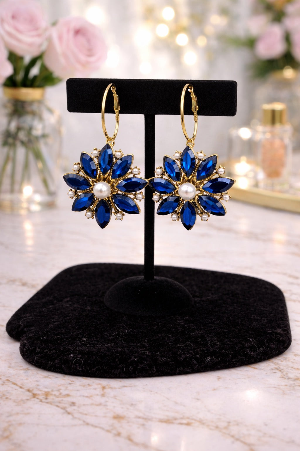 Blue Pearl Flower Earrings