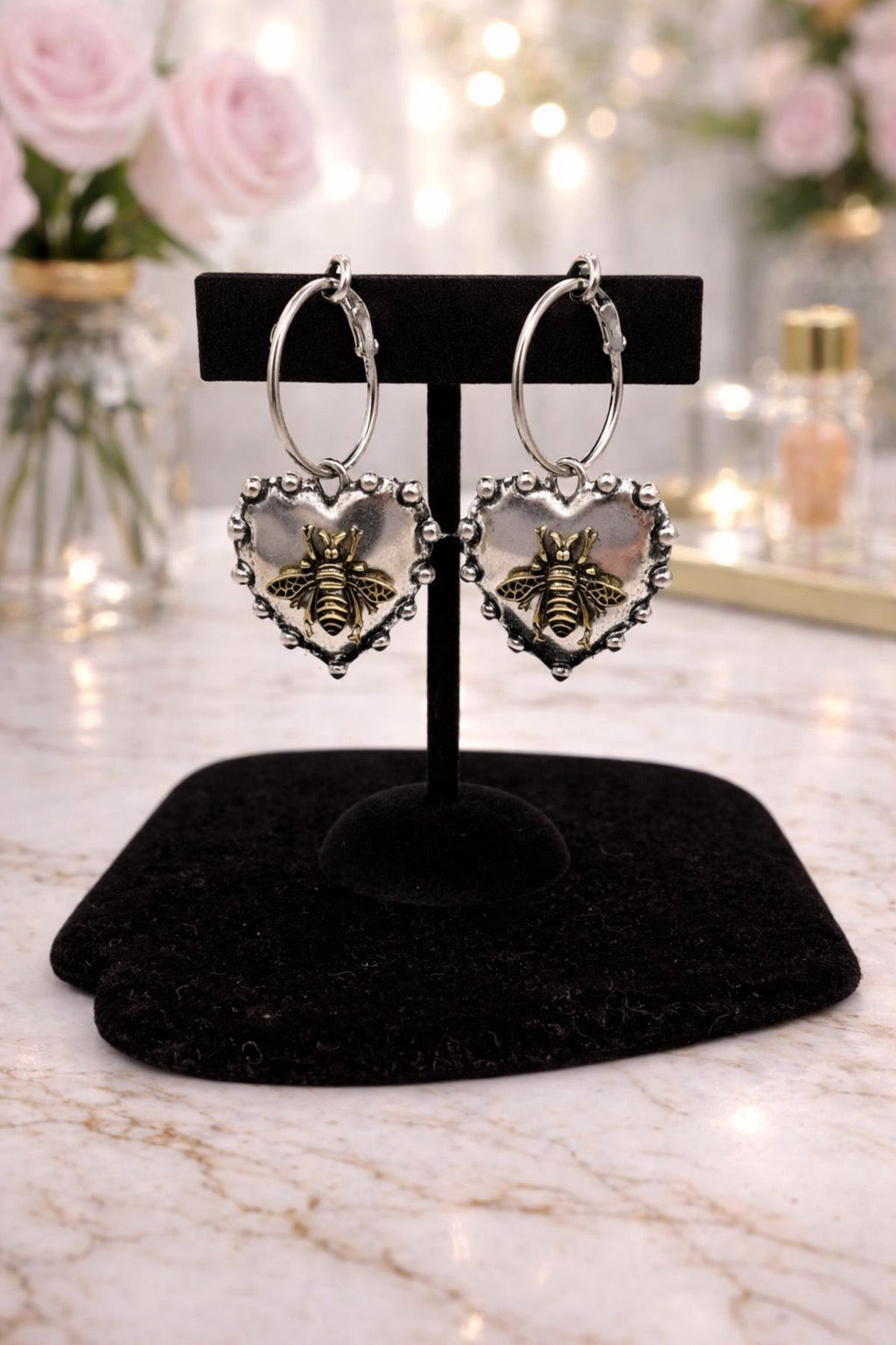Silver Heart Bee Earrings