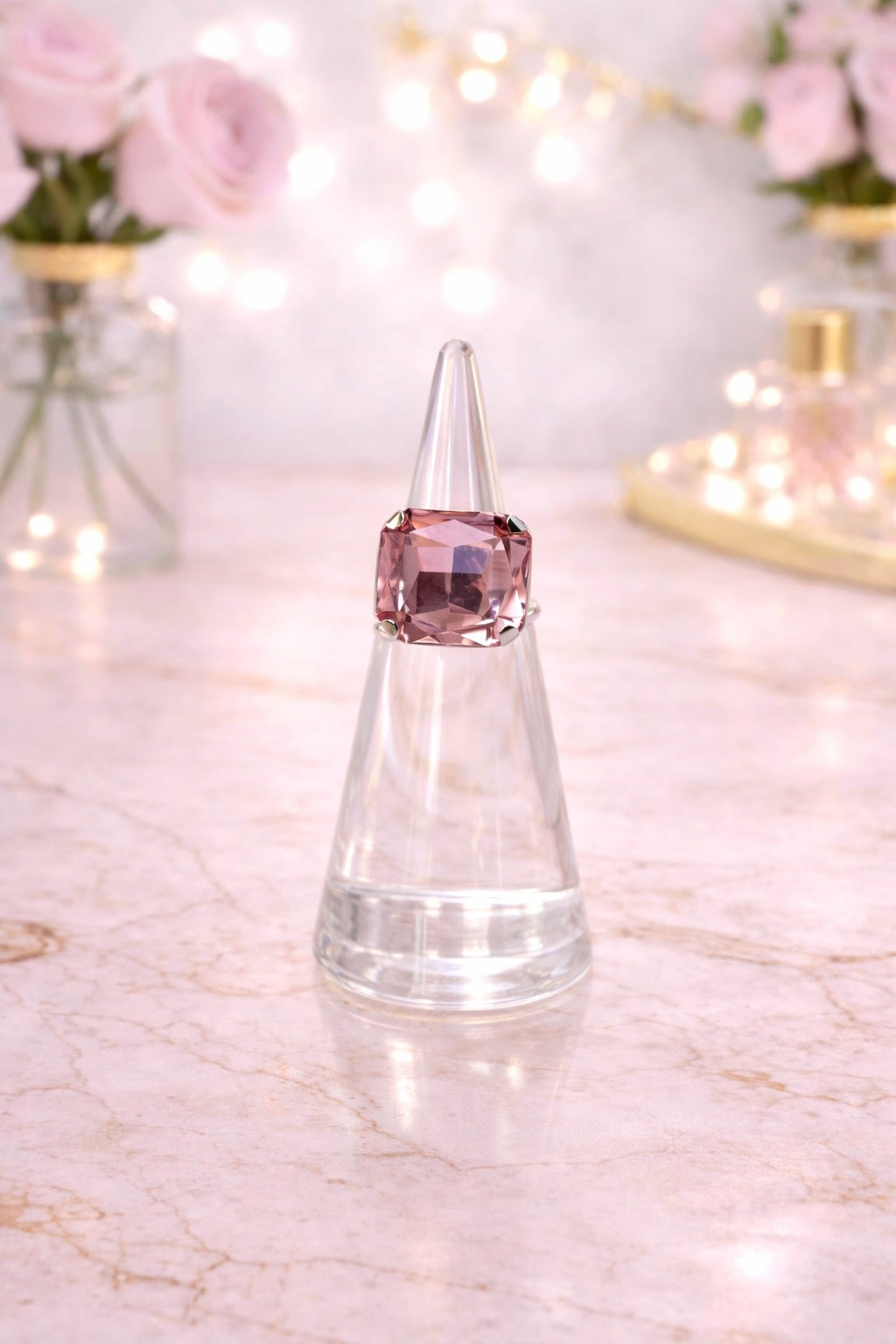 Square Pink Stone Stretchy Ring