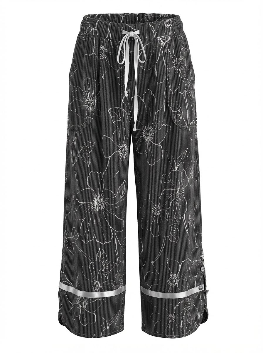 Daisy Floral Pant - Charcoal/White Raw Edge