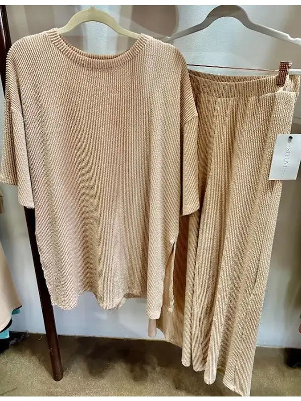 Maria Ribbed Oversized Crop Length Pants Set Taupe