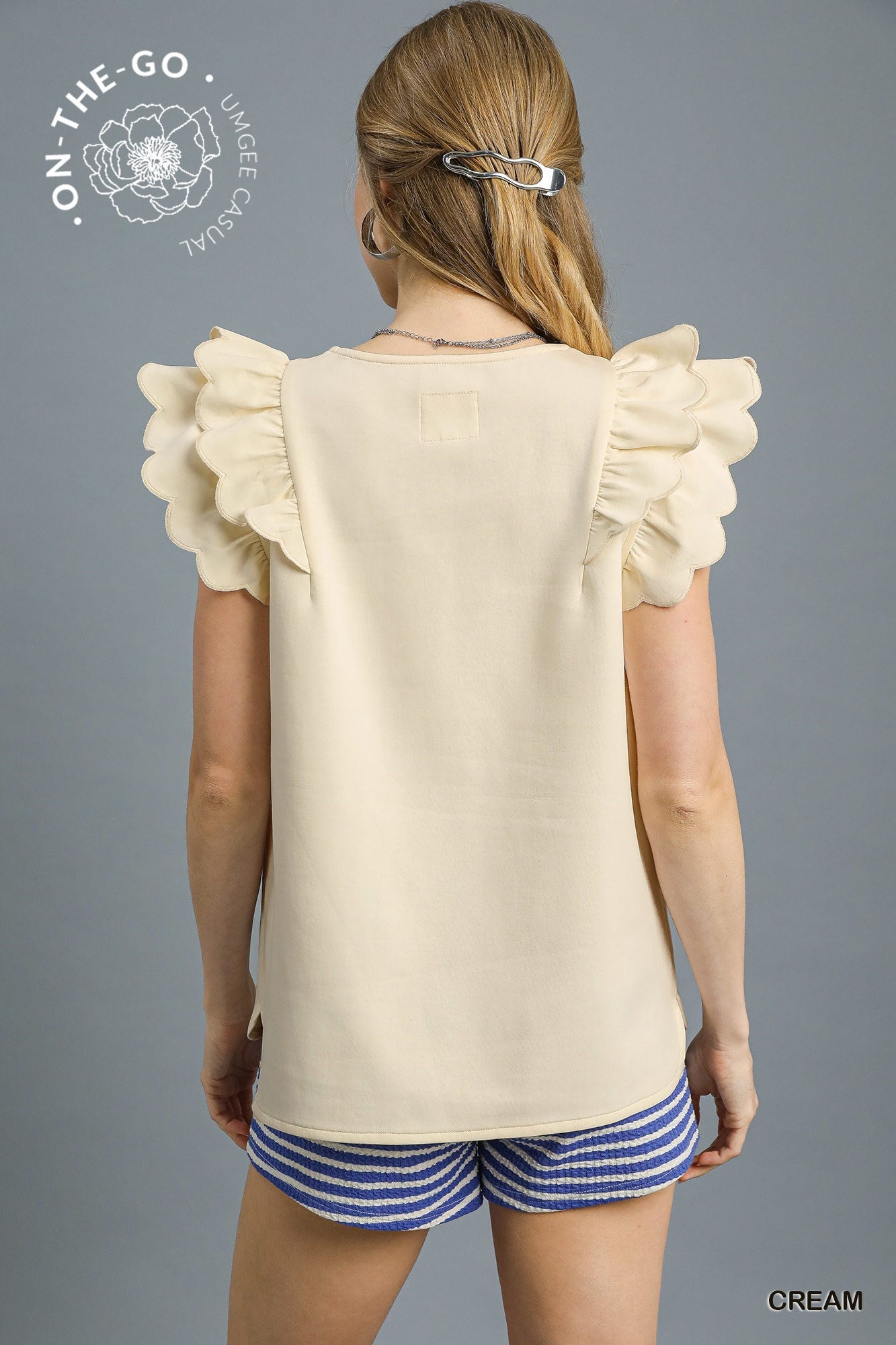 Camille Ruffle Sleeve V-Neck Top Cream