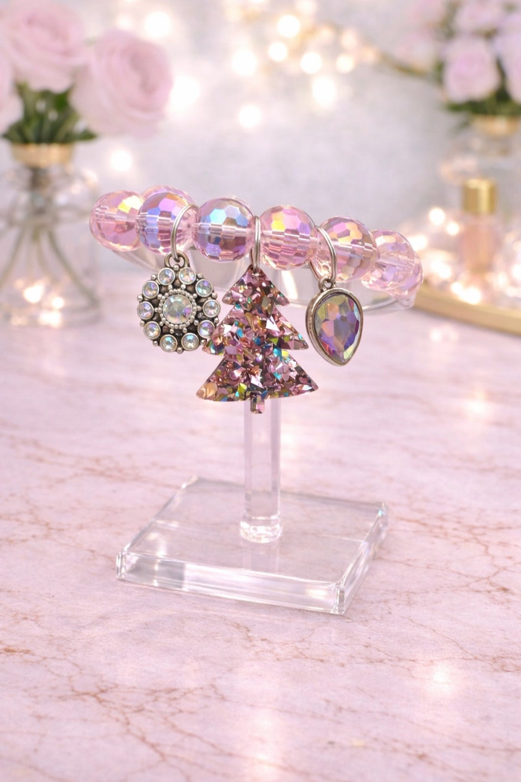Pink Christmas Tree Charm Bracelet