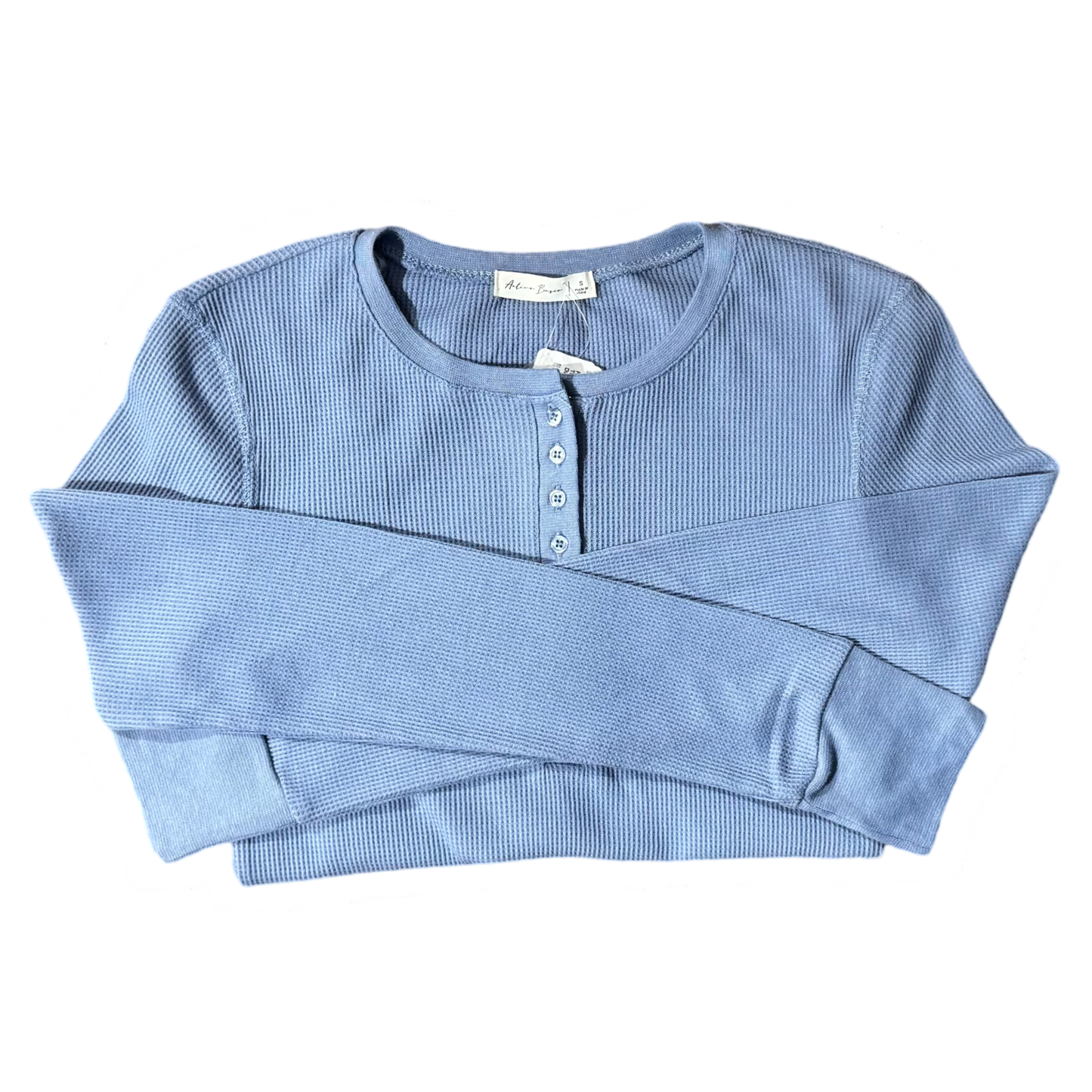 Waffle Knit Henley Long-sleeved Top Dusty Blue