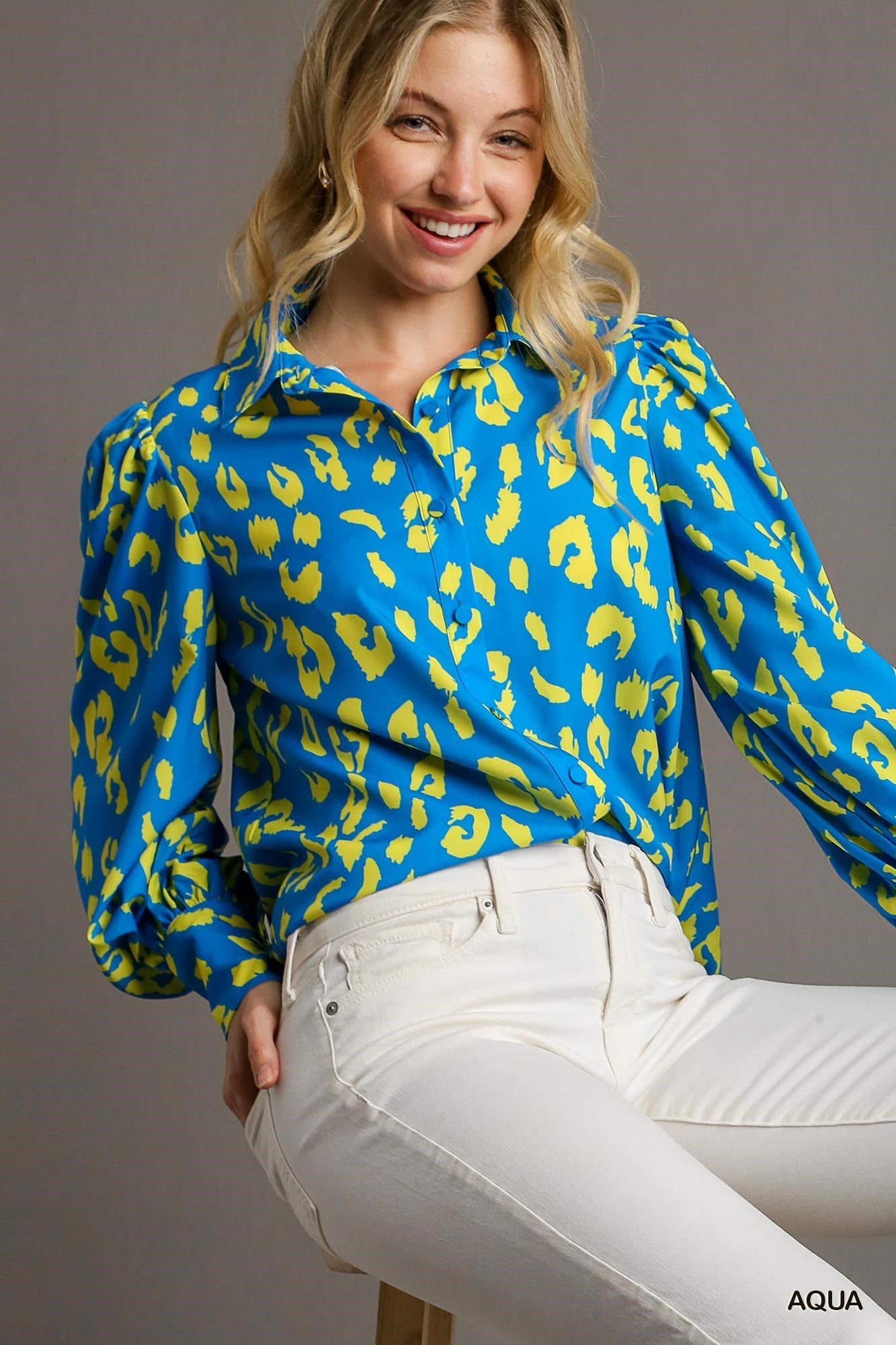 Kinsley Leopard Print Long Sleeve Top Aqua