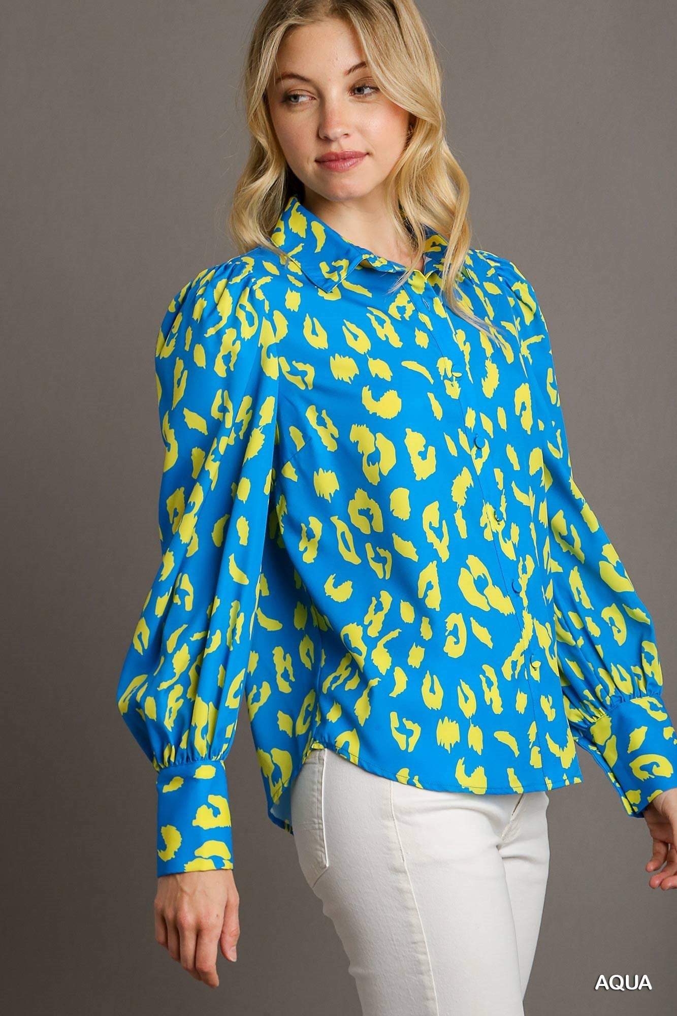 Kinsley Leopard Print Long Sleeve Top Aqua