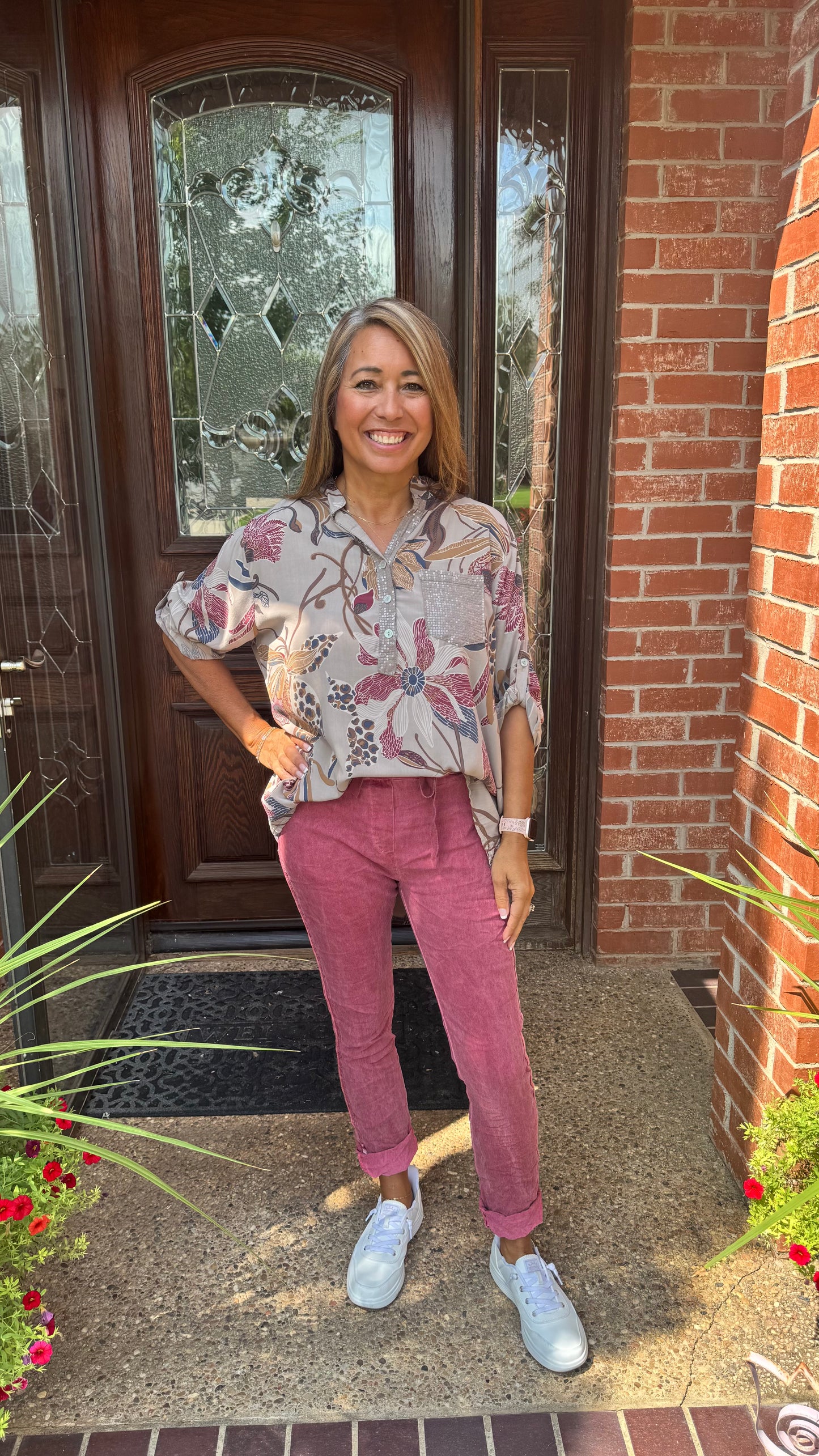 Paloma Printed One Pocket Sequin Top Taupe