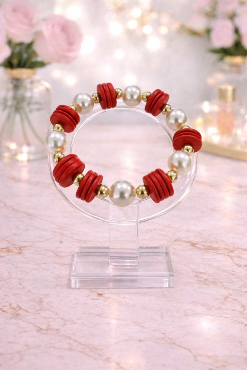 Red and Pearl Beaded Bracelet