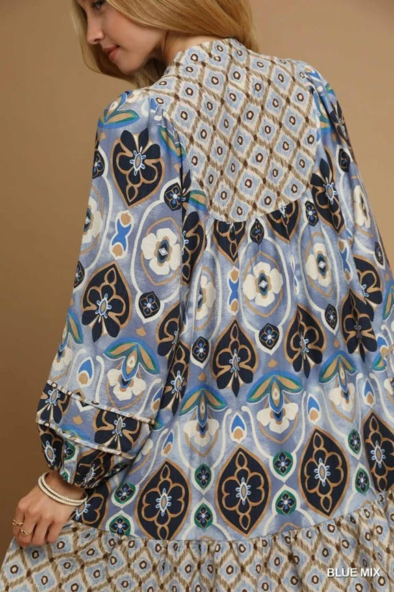Alina Abstract Long Sleeve Mini Dress Blue Mix