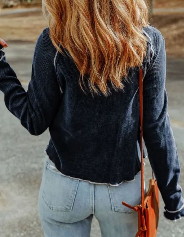Textured Round Neck Long Sleeve Top Blue