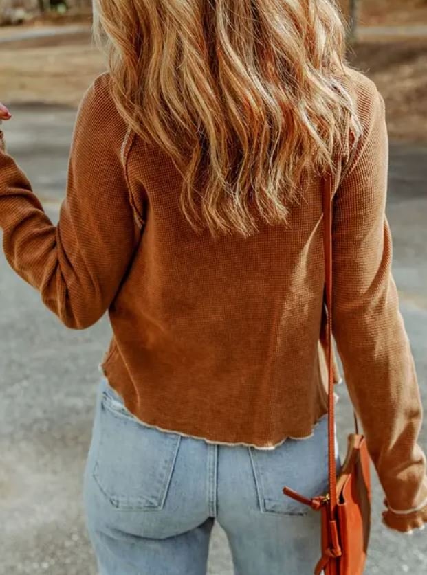 Textured Round Neck Long Sleeve Top Brown