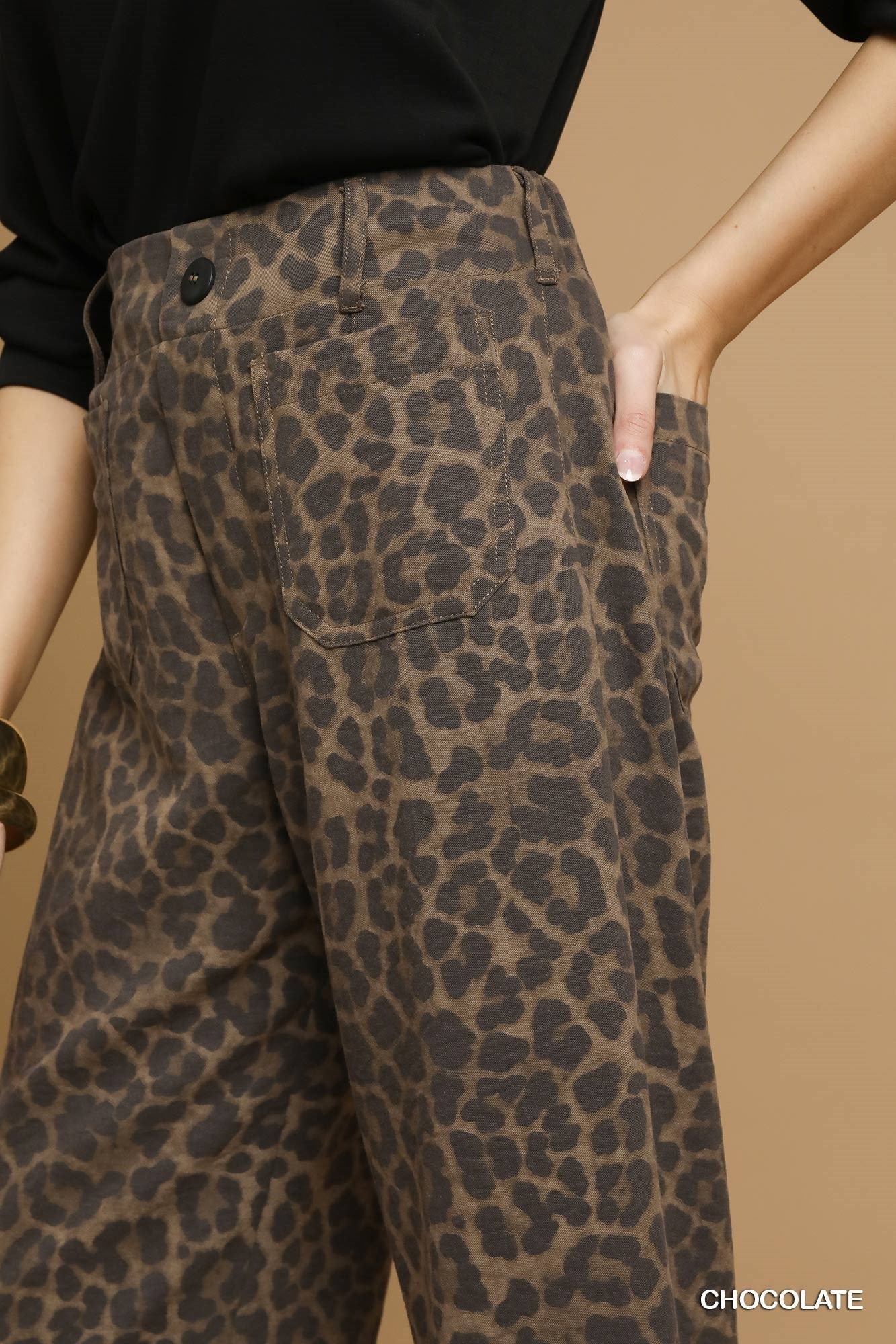 Hazel Animal Print Non- Stretch Wide Leg Pants Chocolate