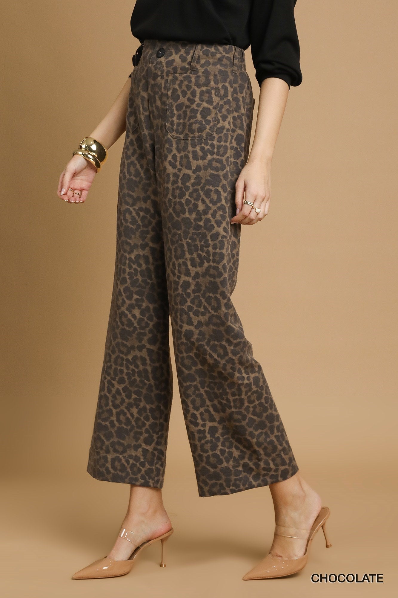 Hazel Animal Print Non- Stretch Wide Leg Pants Chocolate